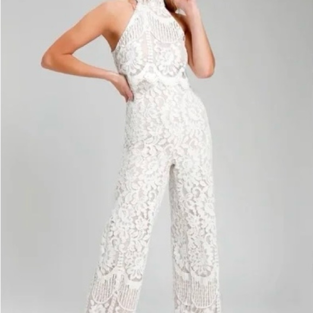 Lulu's Ivory Lace Halter Jumpsuit